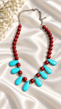 Load image into Gallery viewer, Karma agate and turquoise necklace on white satin
